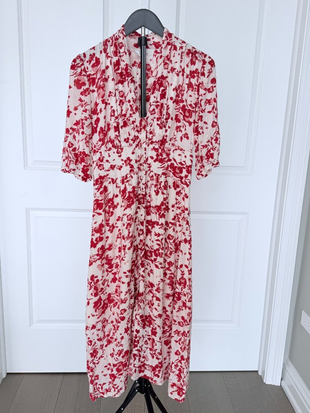 ba&sh Elfe Ecru Red Floral Metallic Midi Dress XS